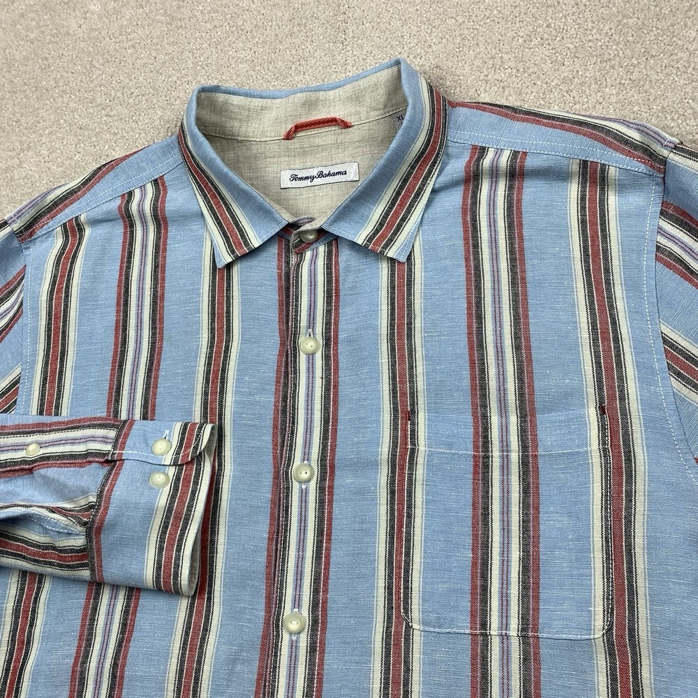 Tommy Bahama Button Up Shirt Mens XL Blue Striped Linen Cotton Long Sleeve